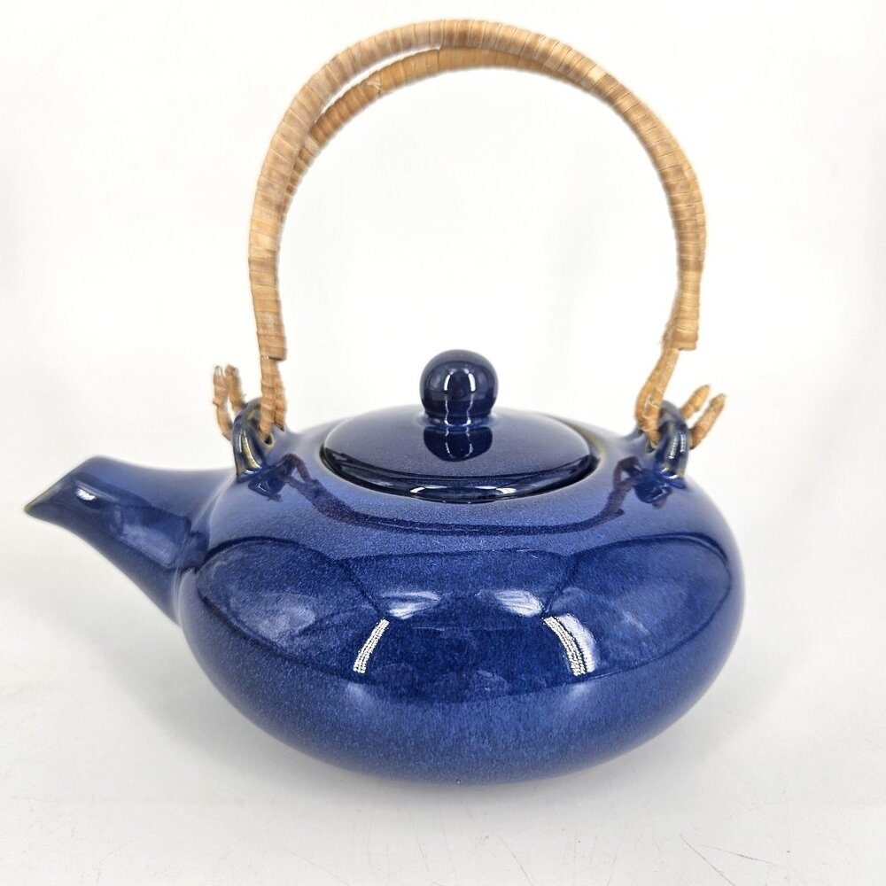Starbucks Coffee Teapot Tea Blue Ceramic Bamboo Handle Japanese Glossy Kettle